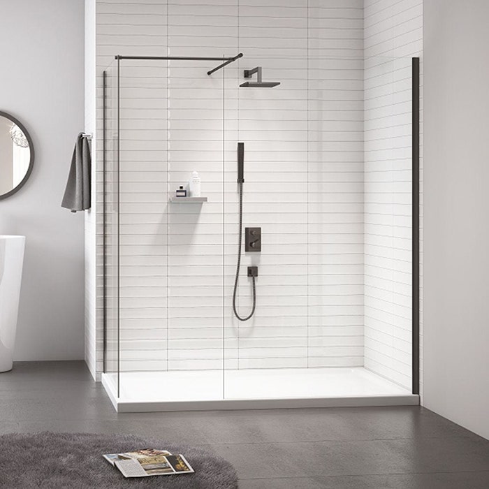 Bathroom white tile and black shower panel